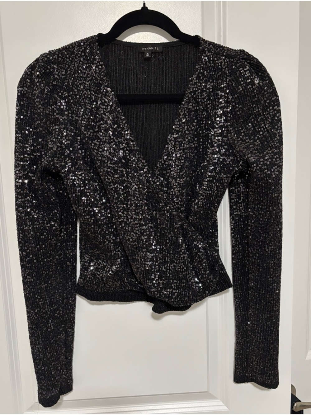 Dynamite Black Sequin Wrap-Front Long Sleeve Top